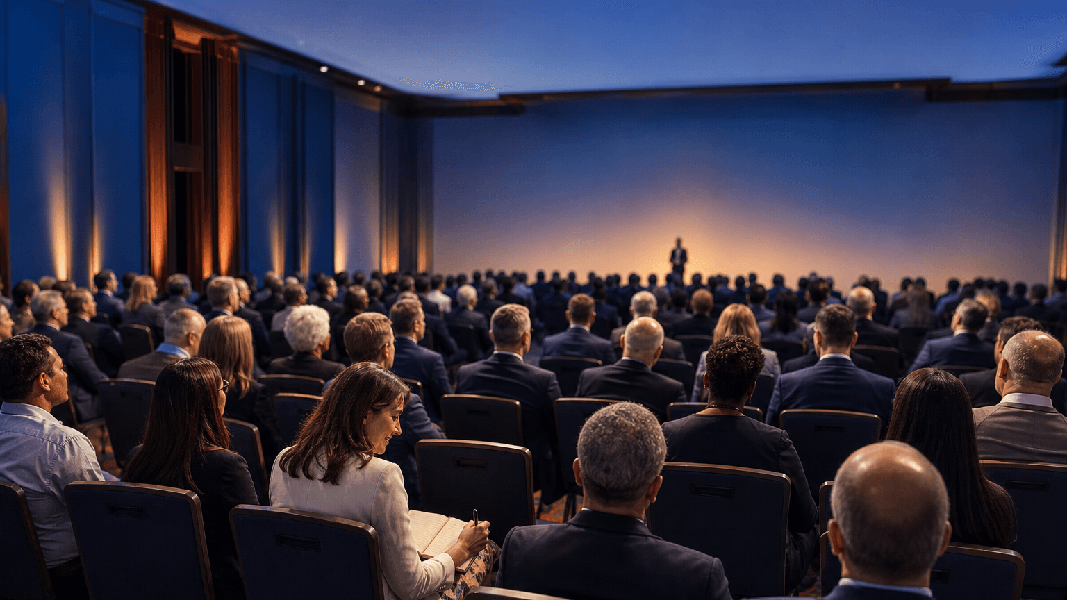 Executives seated in a warmly lit conference room leaning in during a keynote session